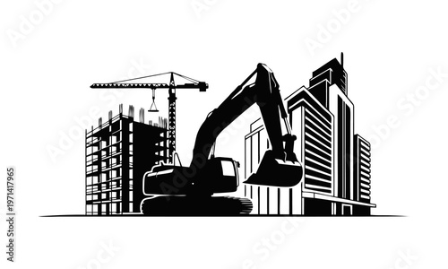 Construction site with excavator and crane demolishes old buildings downtown.