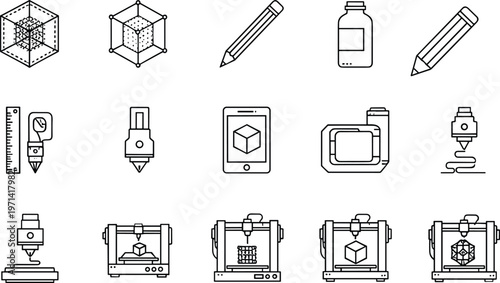 3d, printing, technology, printer, modeling, prototype, manufacturing, engineering, design, filament, machine, innovation, industry, line, icon, set, outline, vector, collection, equipment