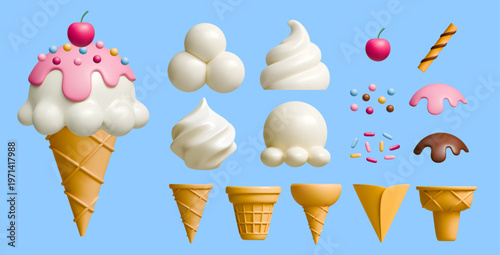 3d ice cream cone with toppings vector set