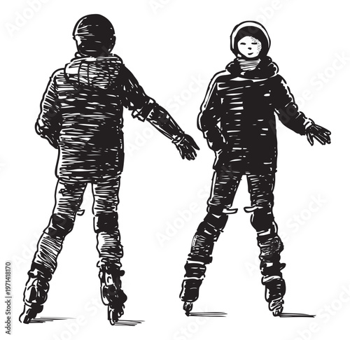 Two teen children roller skating, silhouettes, realistic sketch, vector hand drawing isolated on white background