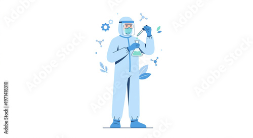 Flat 2.0 vector illustration of a scientist wearing full personal protective equipment (PPE) holding a laboratory flask and pipette, medical research or virus prevention concept, professional laborato