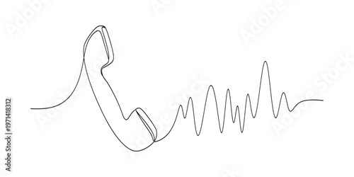 Minimalist continuous line telephone handset illustration with sound wave symbolizing communication, customer support, hotline service and conversation on white background