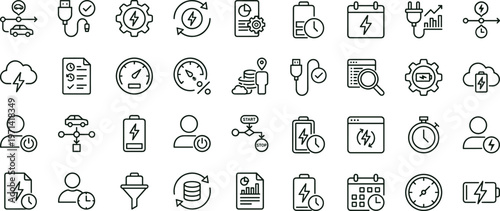 Electric vehicle charging performance monitoring workflow outline icon set featuring battery analytics scheduling diagnostics dashboard interface symbols platform