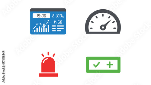 Dashboard icons representing performance metrics, alerts, and approval statuses.