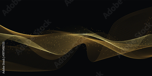 Creative and glittering wave curvy thick golden lines, Abstract luxury wavy gold background. Luxurious golden glitter waves with glowing particles and sparkling stardust trails, vector illustration.