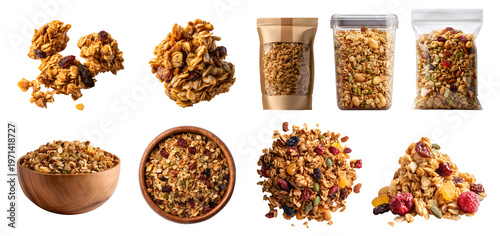 Set of muesli Granola, rolled oats, nuts seeds sweetener of breakfast snack cereal mix, takeout plastic paper bag, wooden bowl, stack pile cluster, transparent cutout PNG. Many different mockup