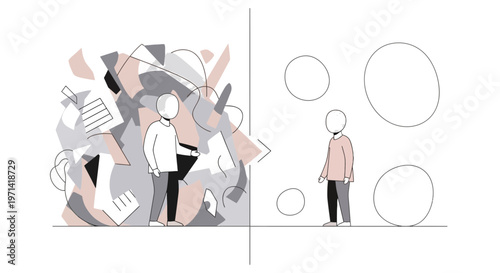 Mental Health Concept Illustration: Transformation from Cluttered Chaos to Calm Clarity, Stress Management and Psychotherapy.