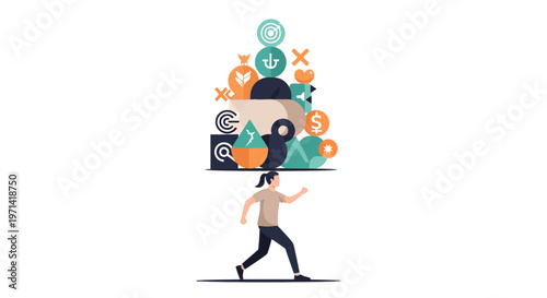 Woman Carrying Heavy Stack of Mental Load and Life Goals Illustration