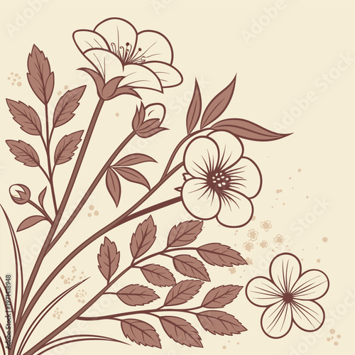 Abstract vector floral background featuring a nature pattern with pink lily blossoms, green leaves, and butterflies in a creative spring illustration design