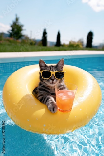 Cat Enjoys a Sunny Day in the Pool While Relaxing on a Float