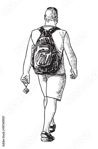 One man tourist with backpack, camera, sunglasses walking outdoors on summer day, back view, realistic sketch, vector hand drawing isolated on white background