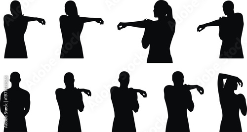 Arm stretching exercise silhouettes set, female fitness warm up routine, shoulder flexibility workout poses isolated vector illustration collection