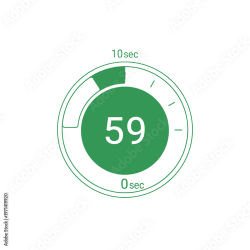 Circular timer graphic with digital display showing fifty nine seconds