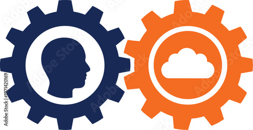 Human mind and cloud computing integration concept, two gears with head profile and cloud symbol for digital automation vector