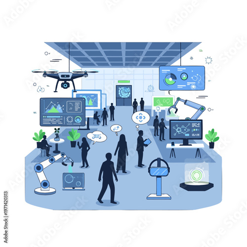 People interacting with futuristic technology and automated systems