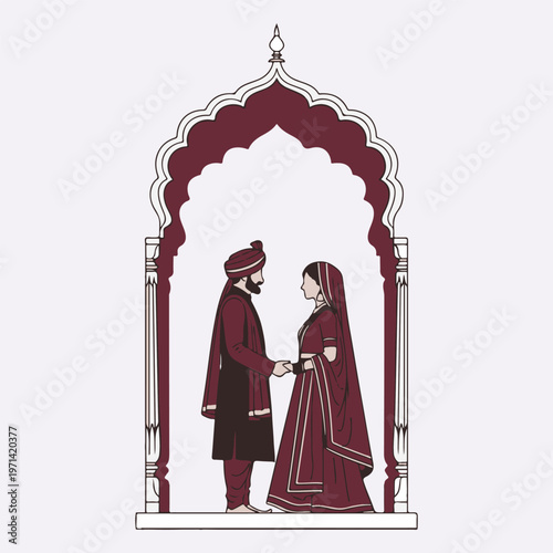 Indian Wedding Couple in Traditional Attire Under Archway - A Vector Illustration