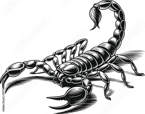 Engraved scorpion illustration with menacing claws and segmented tail on checkered background.