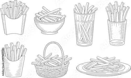 Assorted french fries in various containers vector sketch for fast food restaurant branding.