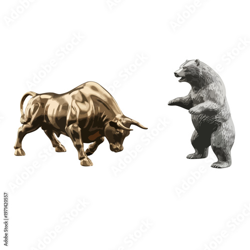 Bronze bull and grey bear statues facing each other on white background