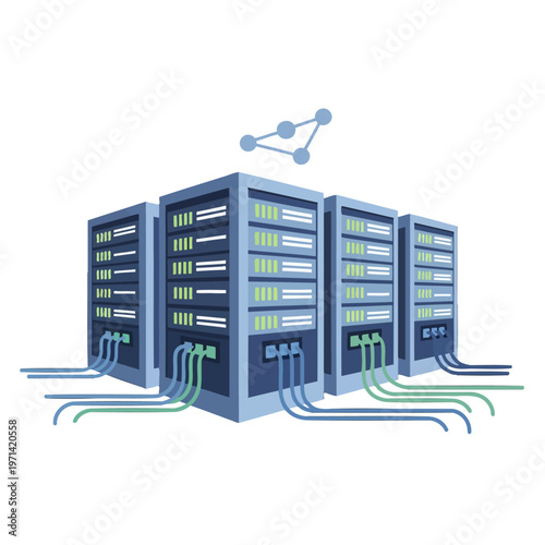 Server racks connected with cables and a network diagram