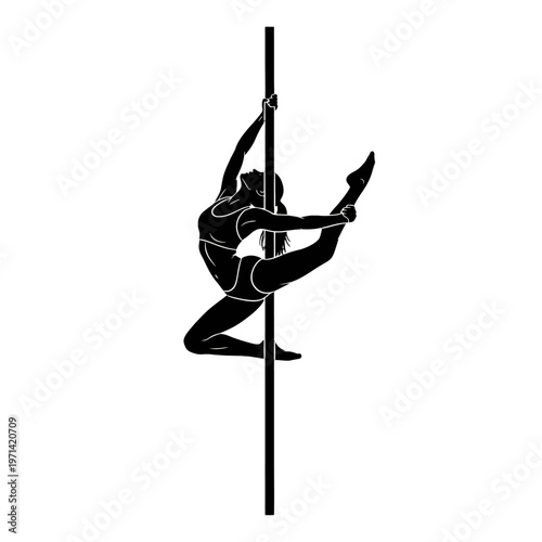 Silhouette of a person performing a graceful pose on a vertical pole