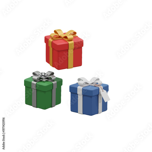 Three colorful wrapped gift boxes with ribbons and bows