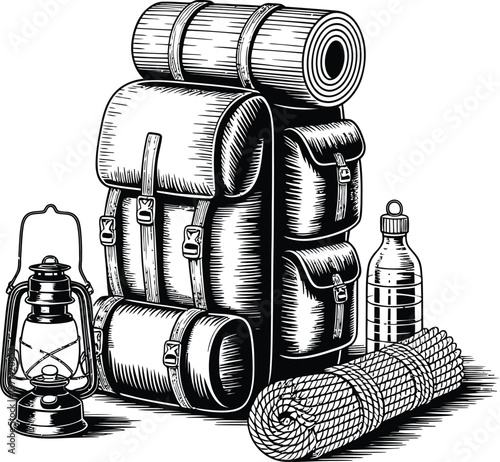 Vintage black and white camping gear illustration with backpack, lantern, rope, and bottle.