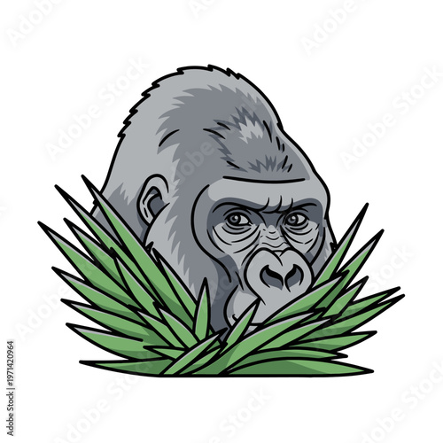 A large primate peeks out from behind green foliage