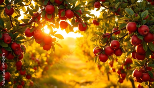 Sunlit apples hang from lush trees in a serene orchard during sunset