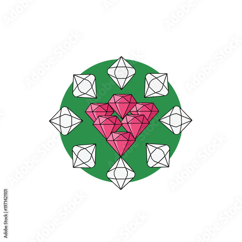 Arrangement of faceted gemstones on a green circular background