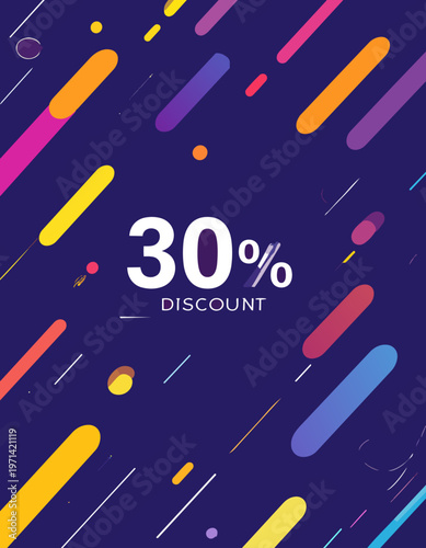  Diseño colorido con texto de descuento y formas dinámicas en fondo oscuro.
