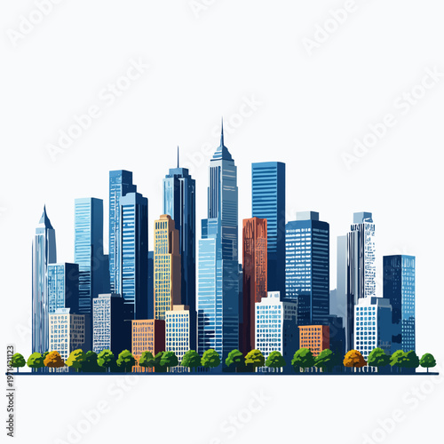  Horizonte urbano con rascacielos modernos y edificios altos en estilo limpio.
