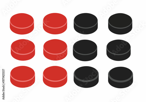Isometric 3D Illustration of Red and Black Checkers Game Pieces Arranged in a Grid on a White Background