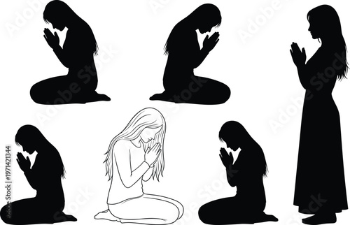 Vector collection of thermos vacuum flask bottle set, black silhouette, outline line art, and colored flat illustration, outdoor camping equipment,