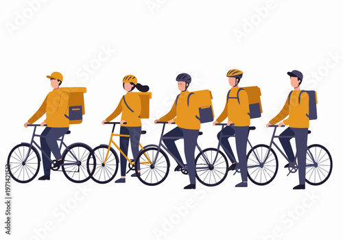 Team of food delivery couriers in yellow uniforms standing with bicycles and thermal backpacks, flat vector illustration isolated on white.
