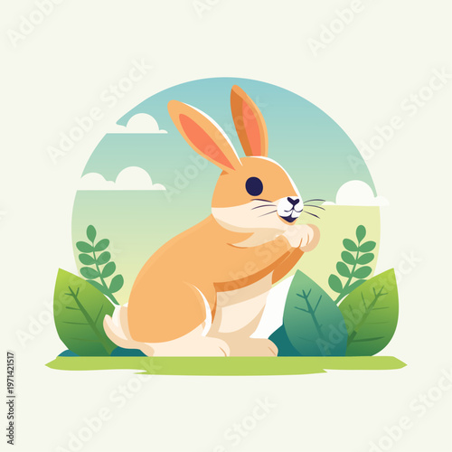 A cute cartoon rabbit happily sitting in a vibrant nature scene.