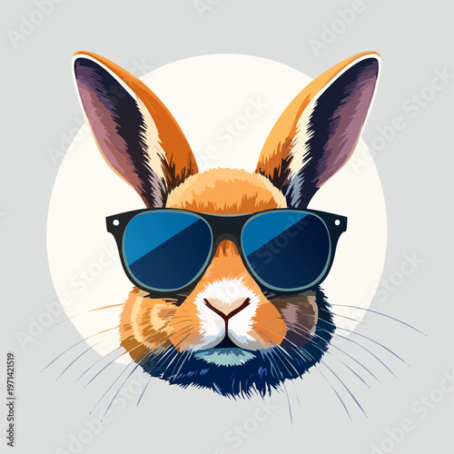 Stylized illustration of a cool rabbit wearing blue sunglasses on a light background