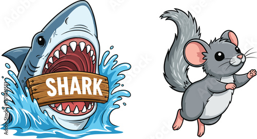 Fierce Great White Shark Emerging from Water Biting Wooden Sign and Cute Grey Chinchilla Jumping Vector Illustration for Marine and Pet Theme Designs