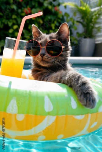 Cat Relaxes by the Pool Wearing Sunglasses While Enjoying a Pink Drink on a S...