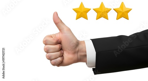 Businessman giving thumbs up with three gold stars rating