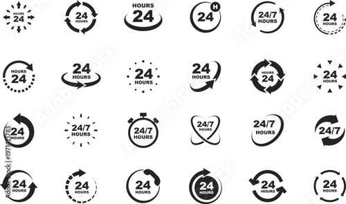 24 7 service icon set. 24-7 open, concept with call icon. Support 24 hours a day and 7 days a week. Support service. Vector Illustration.