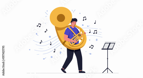 Young Man Playing a Sousaphone with Musical Notes and Stand Illustration