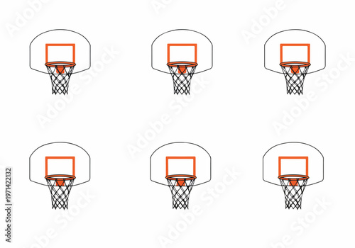 Collection of six minimalist basketball hoop and net illustrations arranged in a grid on a white background.