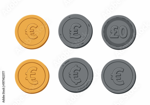 Set of Flat Vector Icons Representing Euro and Pound Sterling Coins in Gold and Silver Colors for Finance and Business Applications