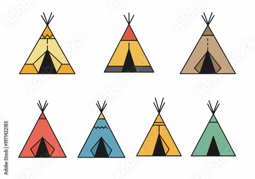 A Collection of Seven Colorful Minimalist Teepee and Wigwam Tent Illustrations Isolated on a White Background