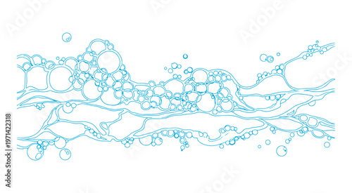 Soap bubbles and foamy suds line background in vector style with transparent outline pattern.