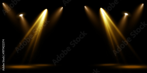 Golden stage lighting with focused spotlights highlighting podium area and creating radiant luxury lens flare effect PNG
