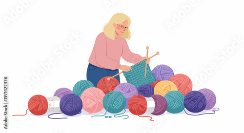 Vector illustration of a creative blonde woman with glasses knitting a blue garment, surrounded by a large pile of colorful balls of wool yarn.