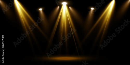 Warm golden spotlight beams shining on stage podium with elegant atmosphere and glowing cinematic lens flare PNG