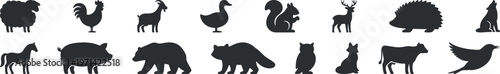 animal silhouette icon set wild domestic creatures vector collection, wildlife animal silhouettes figure icons farm zoo species vector pack, animal shape silhouette collection multiple species icons